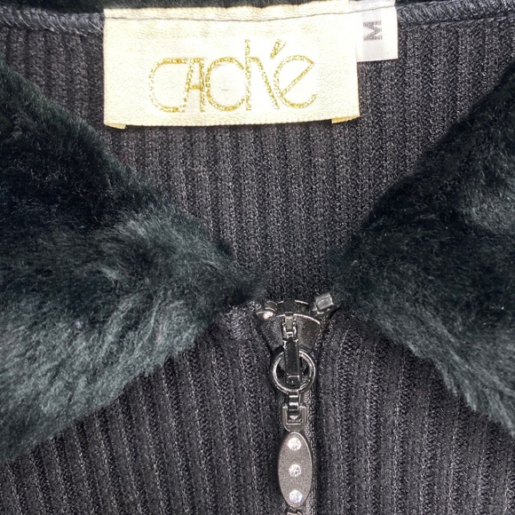 Cache Zip Embellished Vintage Ribbed Knit Y2K Sweater with Faux Fur Collar SizeM - Picture 6 of 6